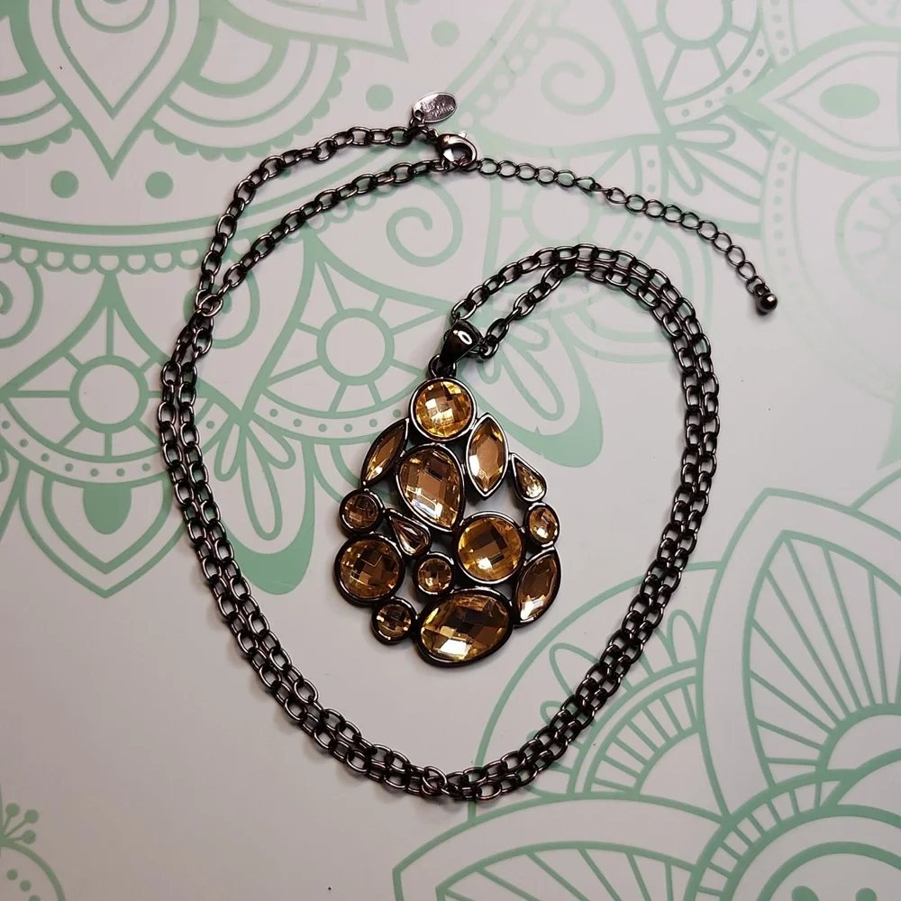 Signed Lia Sophia Gunmetal tone Necklace with Yellow Cabochon Pendant - Picture 1 of 6